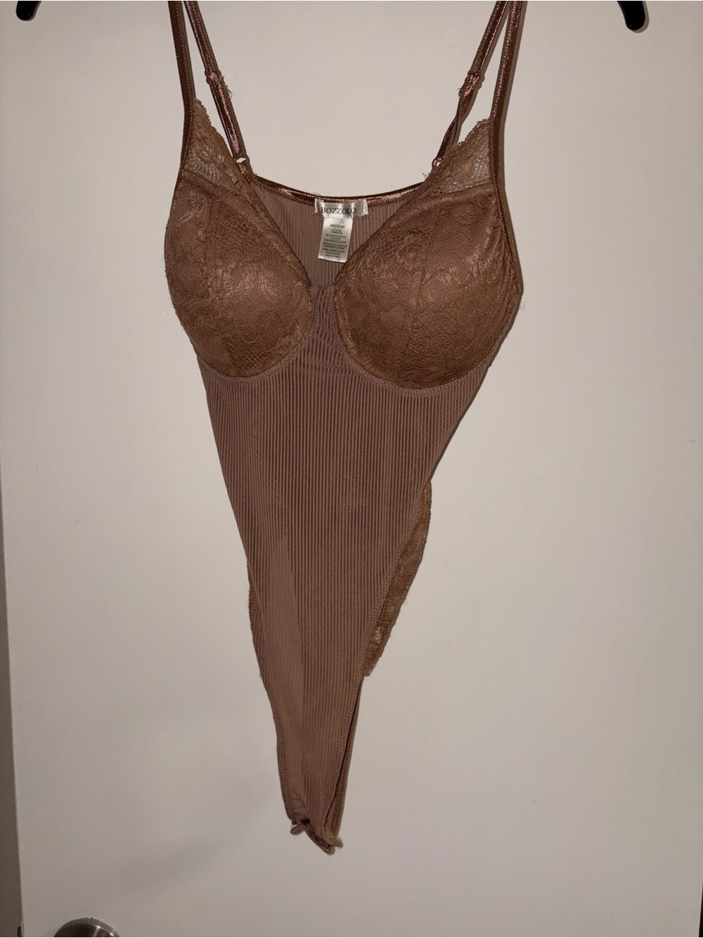Brown Lace-Trim Bodysuit Thong for Women